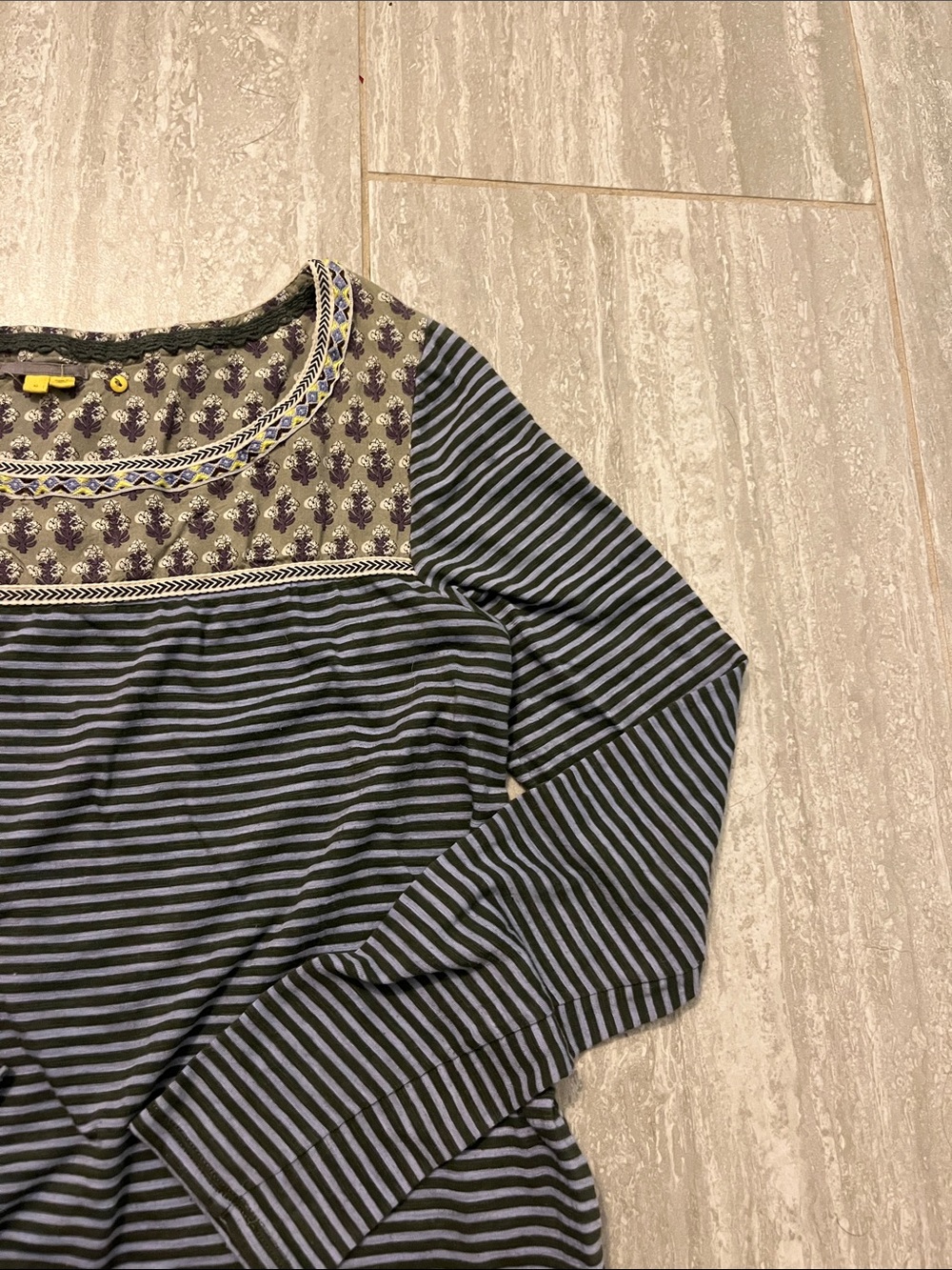 Anthropologie Green and Light Blue Striped Long-Sleeve Tee with Olive Lace Hem - Picture 5 of 9